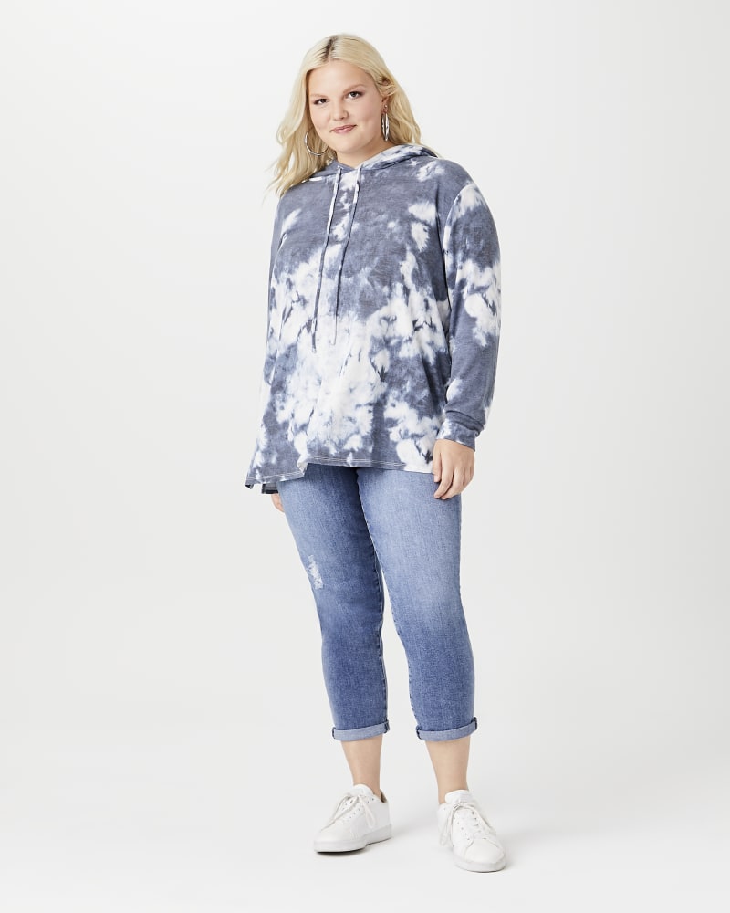 Plus size model with apple body shape wearing Barbara Knit Hoodie by East Adeline | Dia&Co | dia_product_style_image_id:146047